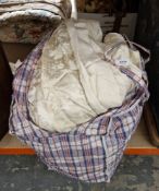 Pair of ivory floral brocade lined curtains, 215cm drop x 250cm wide approx together with spare