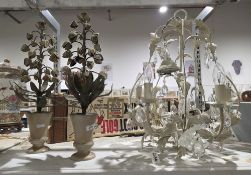 Pair of Two's Company toleware flower ornaments in ceramic vases, 50cm high together with a toleware