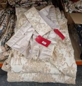 Pair of curtains, lined and interlined, pinch pleats, 80cm x 340cm, a fawn toile de jouy pattern