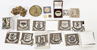 Metal cricket team emblem printing plates, medallions and collectors cards (please note VAT will