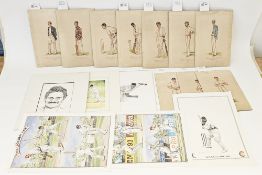 Wash drawing by Aster, late 1800's/early 1900's cricketers, all unframed, two reproduction portfolio