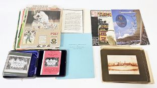 Quantity cards with newspaping cuttings, photographs, some bearing signatures, cricketing magazines,
