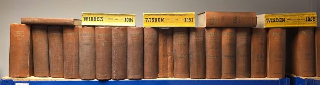 Wisdens Almanac 1932, 1941, 1951, 1952 and 1954, yellow limp covers, 1955 through to 1969, brown