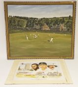 L Siddens, oil on canvas of village cricket scene, set of framed photographs of cricketers of