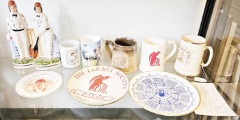 Arthur Wood pottery sporting series cricket tankard, Somerset county cricket stoneware mug, three