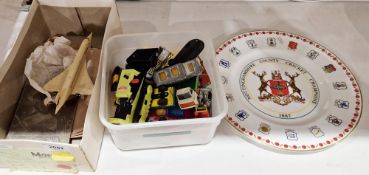 Quantity of vintage toy cars, a Royal Grafton plate for Nottinghamshire County Cricket Club, etc