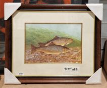 Group of landscape watercolours and a print of brown trout
