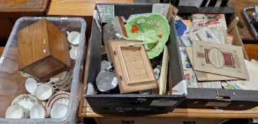 Two boxes of assorted ceramics including Wedgwood Hathaway Rose pattern teawares, wooden cigarette