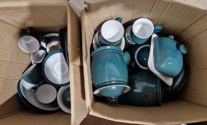 Denby pottery part breakfast service in dark teal ground, with matching storage jars and other
