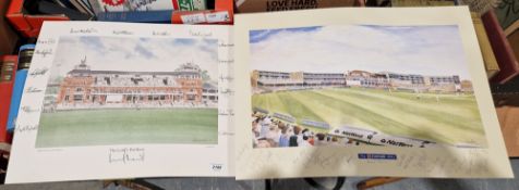 Two signed cricket prints, the first titled 'The Lords Pavillion' after David Gentleman, printed
