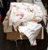 Two pairs of lined cotton curtains decorated with a tulip print, 208cm long approx (1 box)