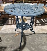 Green cast aluminium round garden table with grape and vine decoration, 168cm diameter x 66cm high