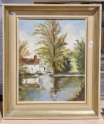 20th century school Oil on canvas Building before pond in landscape, 51cm x 41cm  Mrs Cave-Bigle
