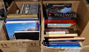 Two boxes of books on ancient civilisations including Egypt Civilisation in the Sands, Byzantine