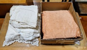 Textiles and fabrics including early 20th century mason linen clothing, two cushions, etc (1 box)