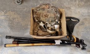 Small quantity of plated and other metalwares and four walking sticks