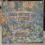 Large coloured tile mosaic of a bridge over stream, mounted on wooden board, 91cm x 91cm