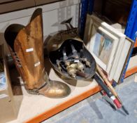 Copper and brass boot-shaped umbrella stand, early 20th century, a brass coal scuttle, a pair of