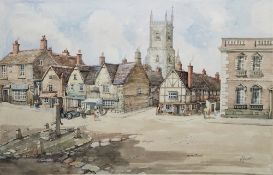 M. Gardner (20th century) Watercolour Town square scene with figures, signed lower right, framed and
