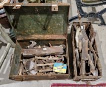 Collection of vintage stone mason's and roofer's tools including a slate ripper, two roofing
