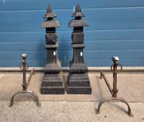 Pair of cast iron decorative garden pillars, of Asian design, with moulded decoration and pagoda