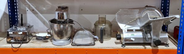 Group of kitchen equipment including a Magimix Cuisine 5200 Systeme automatic, a Kenwood Major