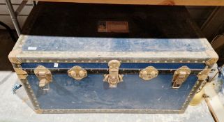 Early 20th century brass and metal-bound steamer trunk applied with labels for the Cunard Line,