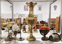 Tooled brass vase with etched floral decoration, a vintage globe bar with glass decanter and shot