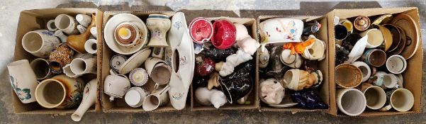 Five boxes of assorted ceramics to include Poole, Guernsey Pottery, Honiton Pottery, Rye Pottery,