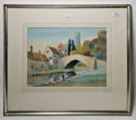 Leslie Woodward Watercolour Canal view with bridge and dwellings, signed lower right, 28cm x 38cm,