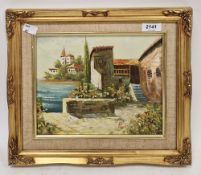 Continental oil on board depicting a coastal village, indistinctly signed lower right 20.5cm x 25.