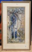 Collection of watercolour landscapes including a coastal view and a view through ruined church