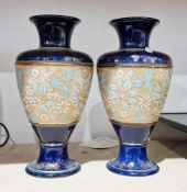 Pair of Doulton Lambeth stoneware Slaters patent blue ground vases, impressed marks, circa 1900,