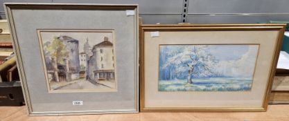Collection of landscape watercolours, 20th century, a framed Mouton-Rothschild 1945 commemorative