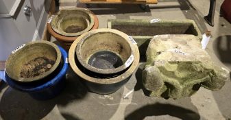 Seven medium to small garden plant pots, some glazed, a reconstituted stone trough, 61cm long x 18cm