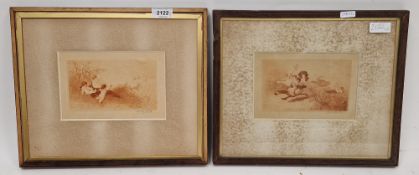 H. Costello (19th century) Etching Two scenes of cherubs playing with ducks, signed lower