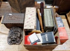 Bag of carved wooden stands, a Gloucester Constabulary ERII plaque, two boxed Lucas rear car lights,