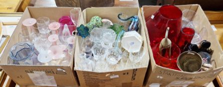 Three boxes of assorted glassware including ruby goblets, opaque frosted stemmed glasses, a Czech