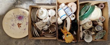 Three boxes of assorted ceramics to include Poole Pottery 'Trudiana' pattern cups and saucers, a