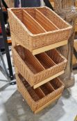 Three-tiered set of wicker craft/sewing baskets on a beech stand, 111cm high