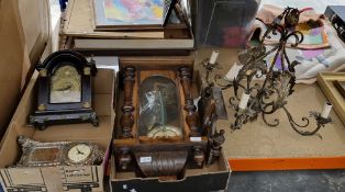 Two boxes of clocks including a Vienna-style oak cased wall clock and a vintage gilt-effect metal