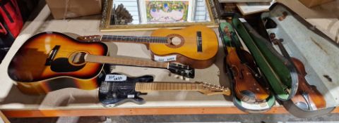 Collection of musical instruments including an Encore model no.ENC369 acoustic guitar, two vintage