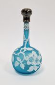 Victorian turquoise and white cameo glass perfume bottle, with white metal screw top, indistinctly