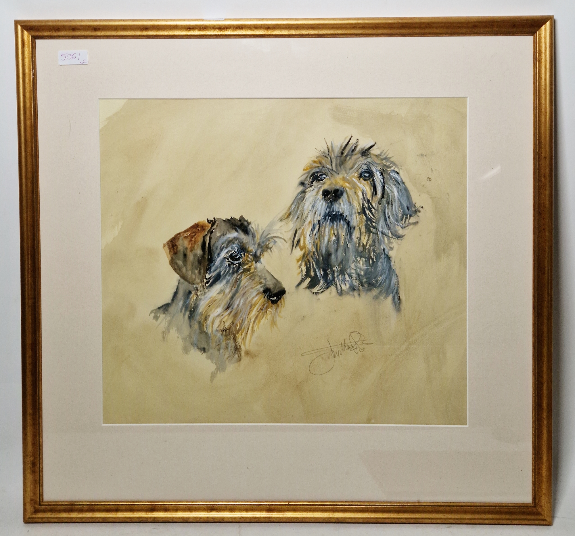 Two watercolour and gouache studies of dogs heads, probably wire-haired Dachshunds, indistinctly - Image 3 of 6