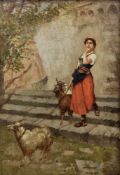 19th century, possibly Italian school Oil on canvas Girl walking two goats down steps of