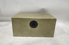 Modern Chinese-style blanket box with a green finish, the hinged lid opening to a hinged inner