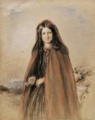 19th century school Pastel on paper Young lady wearing red cloak in landscape, indistinctly signed