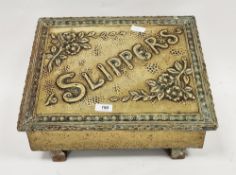 Arts & Crafts slipper box, the wooden box with hinged sloping lid and beaten brass covering with