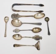 Collection of silver flatware including a George III set of sugar tongs, London 1813, three souvenir