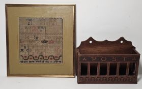 Early 20th century oak hanging post rack, the slatted front carved with the word 'Post', 22cm high x